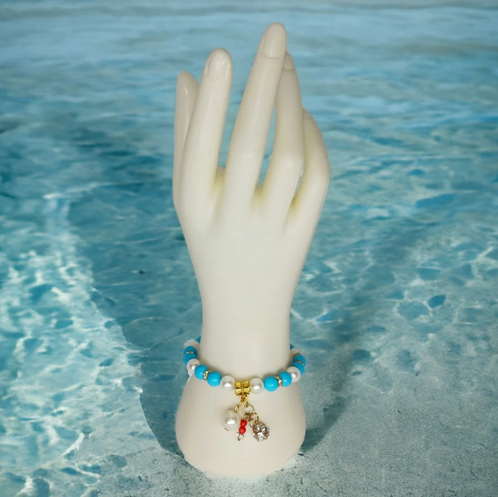 Pearl Turquoise & Coral Y2K Charm Bracelet Mermaidcore Oceancore Beachy Seaside